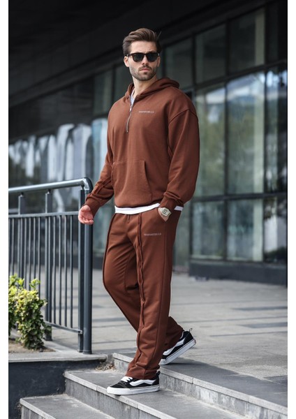 Acı Kahverengi Yarım Fermuarlı Kapüşonlu Erkek Eşofman Takımı E7332 fırsatları