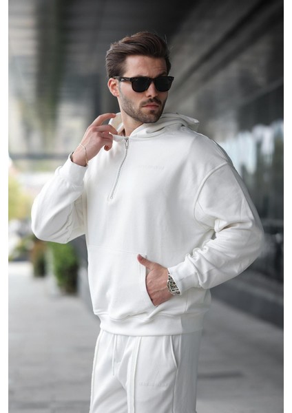 Ekru Yarım Fermuarlı Kapüşonlu Erkek Eşofman Takımı E7332 fiyatları