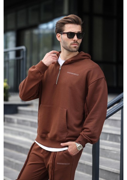 Acı Kahverengi Yarım Fermuarlı Kapüşonlu Erkek Eşofman Takımı E7332 fiyatları