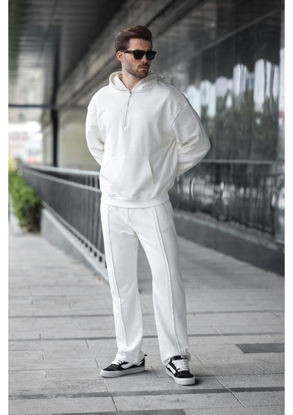 Ekru Yarım Fermuarlı Kapüşonlu Erkek Eşofman Takımı E7332