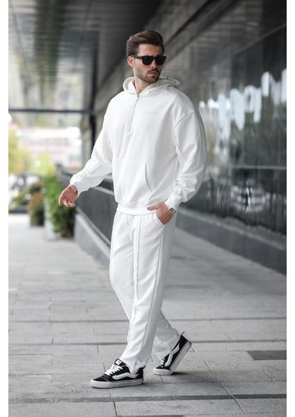 Ekru Yarım Fermuarlı Kapüşonlu Erkek Eşofman Takımı E7332 modelleri