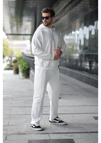Ekru Yarım Fermuarlı Kapüşonlu Erkek Eşofman Takımı E7332 fırsatları