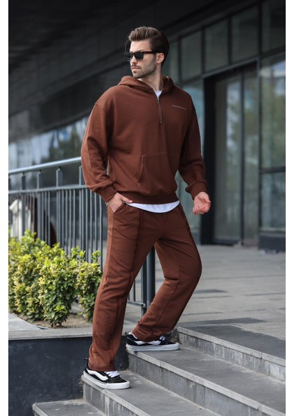Acı Kahverengi Yarım Fermuarlı Kapüşonlu Erkek Eşofman Takımı E7332 modelleri