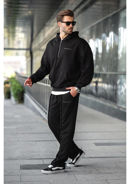 Siyah Yarım Fermuarlı Kapüşonlu Erkek Eşofman Takımı E7332