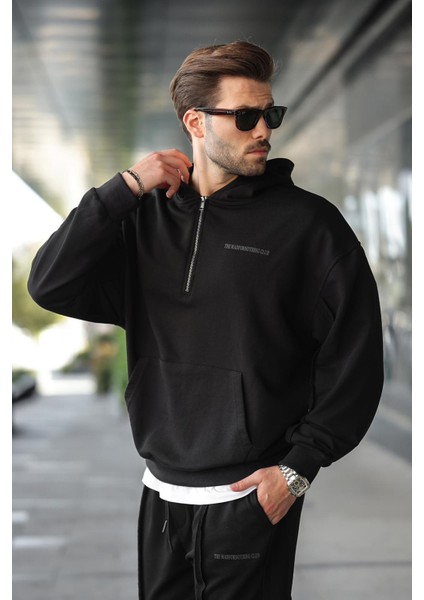 Siyah Yarım Fermuarlı Kapüşonlu Erkek Eşofman Takımı E7332 fiyatları