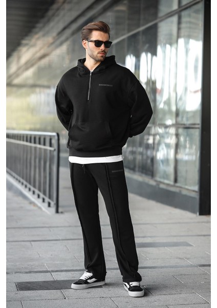 Siyah Yarım Fermuarlı Kapüşonlu Erkek Eşofman Takımı E7332 modelleri