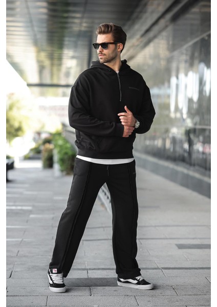 Siyah Yarım Fermuarlı Kapüşonlu Erkek Eşofman Takımı E7332 fırsatları