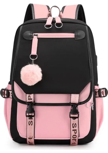 Fengdong Genç Kızlar Için Büyük Okul Çantaları USB Limanı Tuval Okul Çantası Öğrenci Kitap Çantası Moda Siyah Pembe Teen Okulu Backpackcolor: Siyah Pembe (Yurt Dışından)