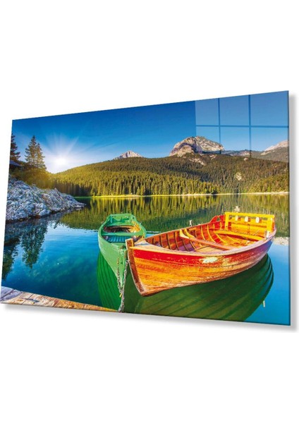 Kayık Göl Manzara Cam Tablo 4 mm Dayanıklı Temperli Cam
