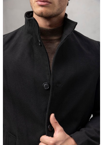 Bertolucci Dik Yaka Fit Kalıp Fileto Cepli Erkek Kaşe Kaban - Siyah