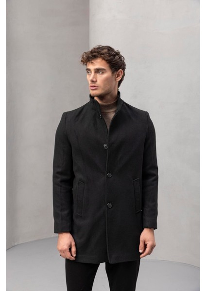 Bertolucci Dik Yaka Fit Kalıp Fileto Cepli Erkek Kaşe Kaban - Siyah