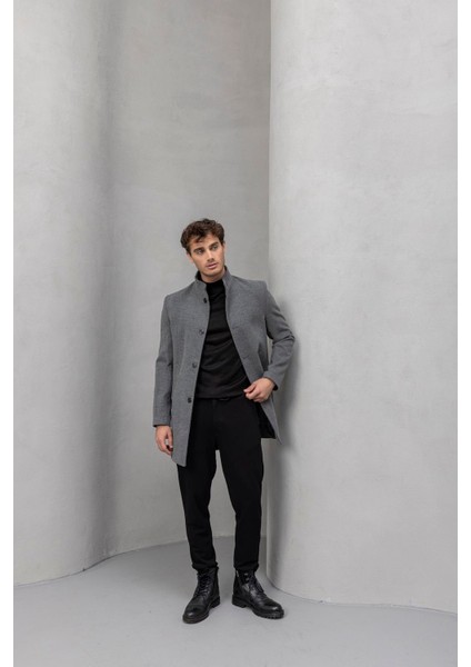 Bertolucci Dik Yaka Fit Kalıp Fileto Cepli Erkek Kaşe Kaban - Gri