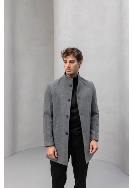 Bertolucci Dik Yaka Fit Kalıp Fileto Cepli Erkek Kaşe Kaban - Gri