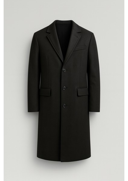 Visconti Kaşe Kumaş Yan Cepli Uzun Erkek Kaban - Siyah