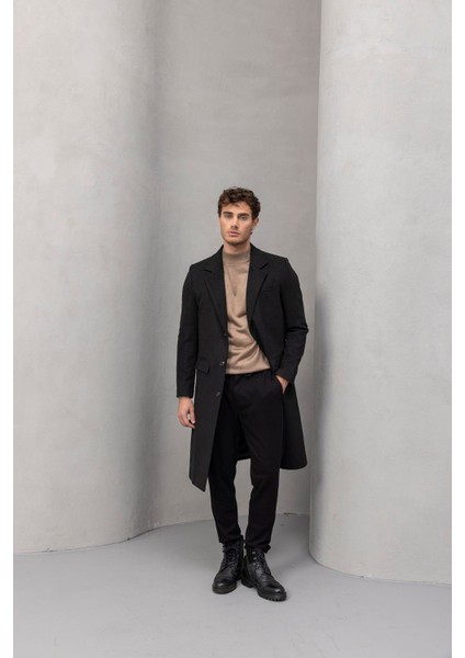 Visconti Kaşe Kumaş Yan Cepli Uzun Erkek Kaban - Siyah fırsatları