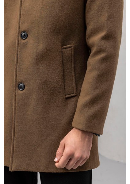 Bertolucci Dik Yaka Fit Kalıp Fileto Cepli Erkek Kaşe Kaban - Camel