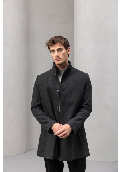 Bertolucci Dik Yaka Fit Kalıp Fileto Cepli Erkek Kaşe Kaban - Füme