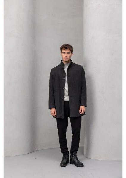 Bertolucci Dik Yaka Fit Kalıp Fileto Cepli Erkek Kaşe Kaban - Füme