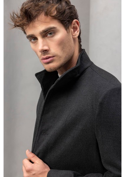 Bertolucci Dik Yaka Fit Kalıp Fileto Cepli Erkek Kaşe Kaban - Füme