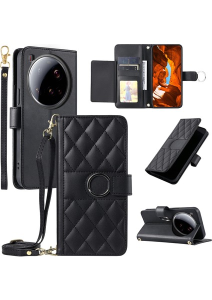 Xiaomi 15 Ultra Yüzük Tokalı Cüzdan Standı Eşkenar Dörtgen Çapraz Askılı Deri Kılıf (Yurt Dışından)