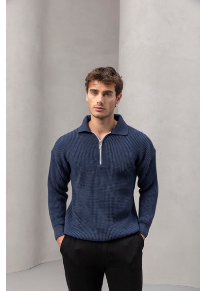 Gibson Oversize Yarım Fermuar Gömlek Polo Yaka Selanik Örme Erkek Triko Kazak - Indigo fiyatları