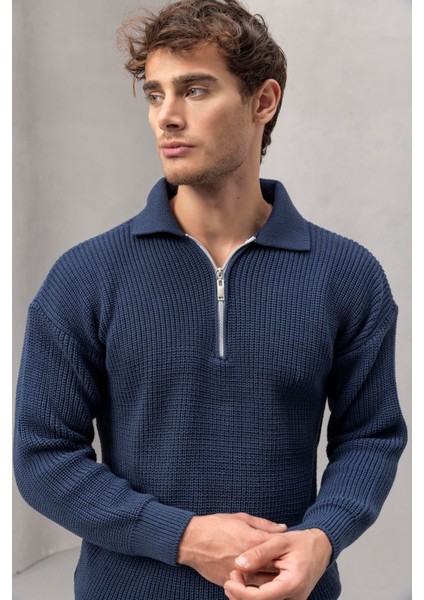 Gibson Oversize Yarım Fermuar Gömlek Polo Yaka Selanik Örme Erkek Triko Kazak - Indigo modelleri