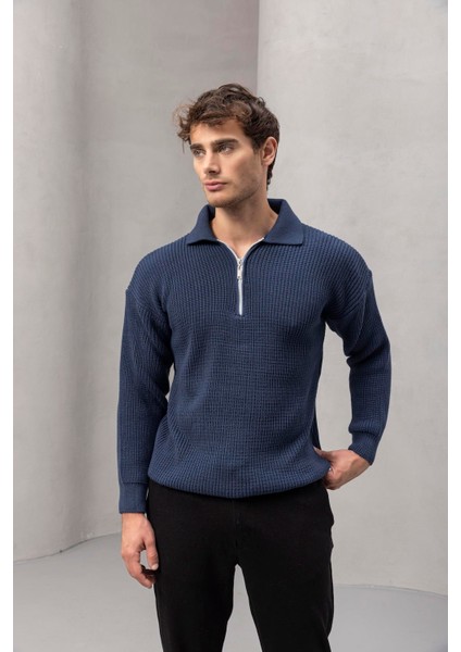 Gibson Oversize Yarım Fermuar Gömlek Polo Yaka Selanik Örme Erkek Triko Kazak - Indigo indirimleri