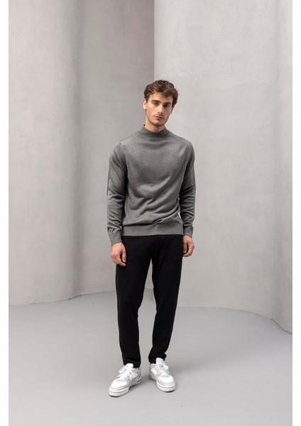 Fincher Yarım Balıkçı Regular Fit Boğazlı Erkek Kazak - Füme