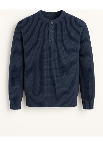Wes Selanik Örgü 3 Düğmeli Yarım Pat Rahat Kalıp Erkek Triko Kazak - Indigo
