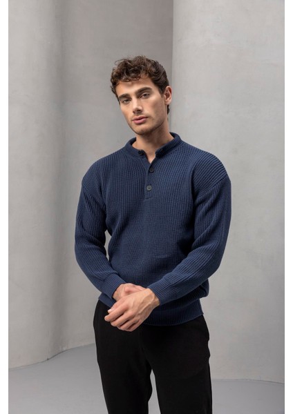 Wes Selanik Örgü 3 Düğmeli Yarım Pat Rahat Kalıp Erkek Triko Kazak - Indigo fiyatları