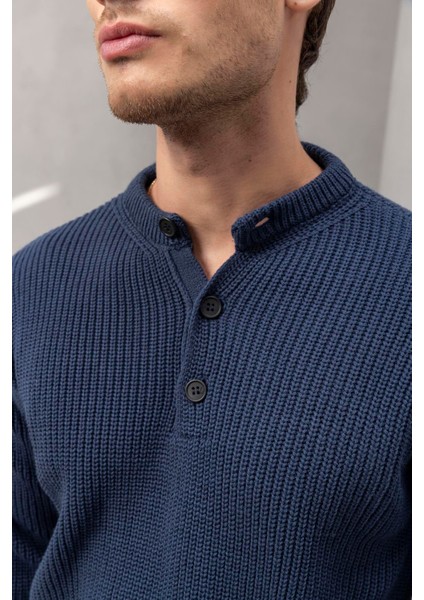 Wes Selanik Örgü 3 Düğmeli Yarım Pat Rahat Kalıp Erkek Triko Kazak - Indigo modelleri