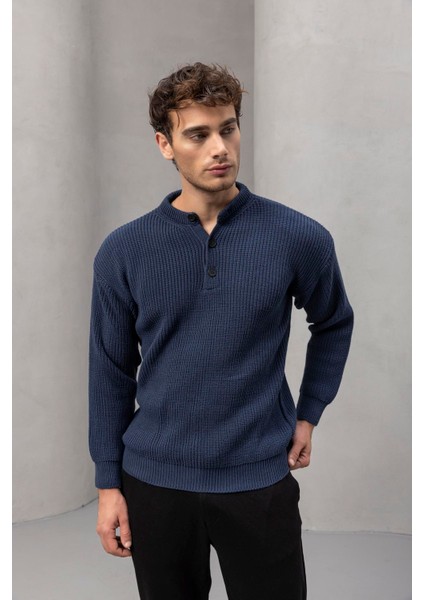 Wes Selanik Örgü 3 Düğmeli Yarım Pat Rahat Kalıp Erkek Triko Kazak - Indigo fırsatları