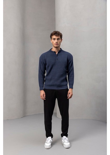 Wes Selanik Örgü 3 Düğmeli Yarım Pat Rahat Kalıp Erkek Triko Kazak - Indigo indirimleri