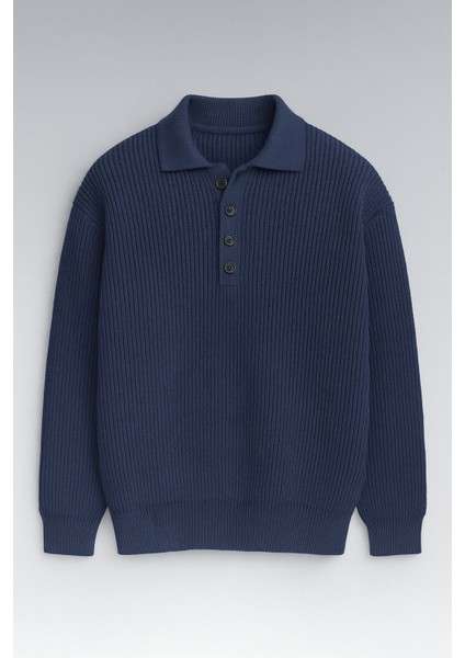 Oversize Selanik Örgü 4 Düğmeli Yarım Pat Rahat Kalıp Erkek Triko Kazak - Indigo fiyatları