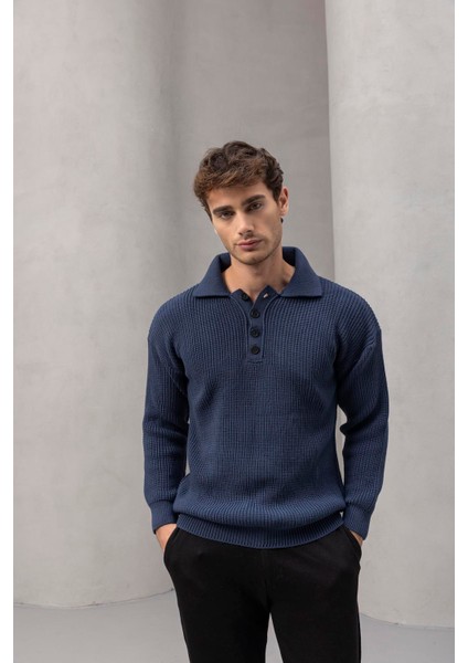 Oversize Selanik Örgü 4 Düğmeli Yarım Pat Rahat Kalıp Erkek Triko Kazak - Indigo modelleri