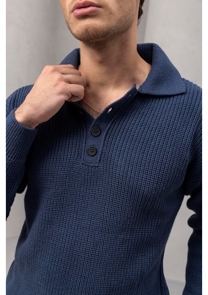 Oversize Selanik Örgü 4 Düğmeli Yarım Pat Rahat Kalıp Erkek Triko Kazak - Indigo fırsatları