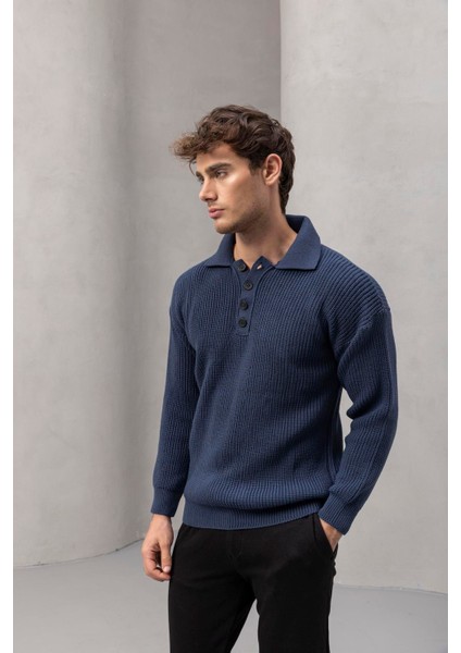 Oversize Selanik Örgü 4 Düğmeli Yarım Pat Rahat Kalıp Erkek Triko Kazak - Indigo indirimleri