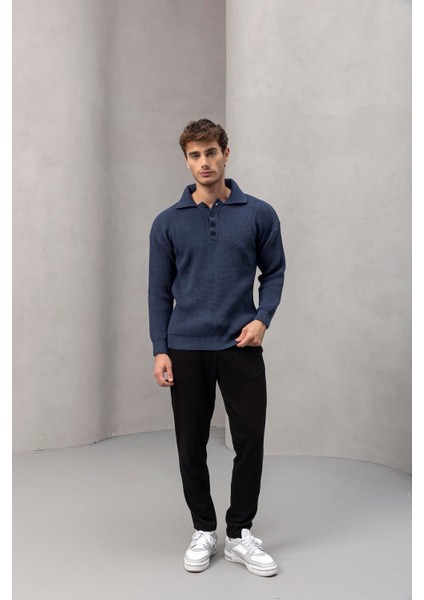Oversize Selanik Örgü 4 Düğmeli Yarım Pat Rahat Kalıp Erkek Triko Kazak - Indigo