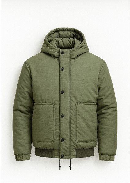 Oversize Cep Detaylı Kapüşonlu Hafif Şişme Mont - Yeşil