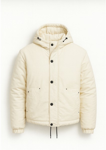 Oversize Cep Detaylı Kapüşonlu Hafif Şişme Mont - Ekru