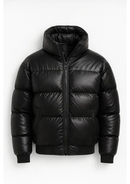 Oversize Kapüşonu Çıkarılabilir Şişme Deri Mont - Siyah