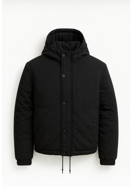 Oversize Cep Detaylı Kapüşonlu Hafif Şişme Mont - Siyah