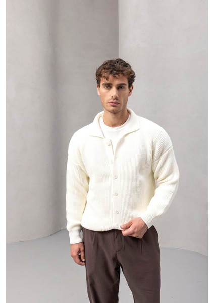 Oversize Selanik Örgü Düğmeli Erkek Hırka- Ekru fiyatları