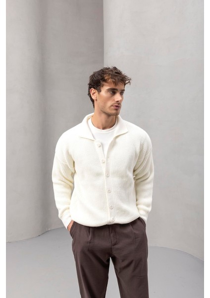 Oversize Selanik Örgü Düğmeli Erkek Hırka- Ekru fırsatları