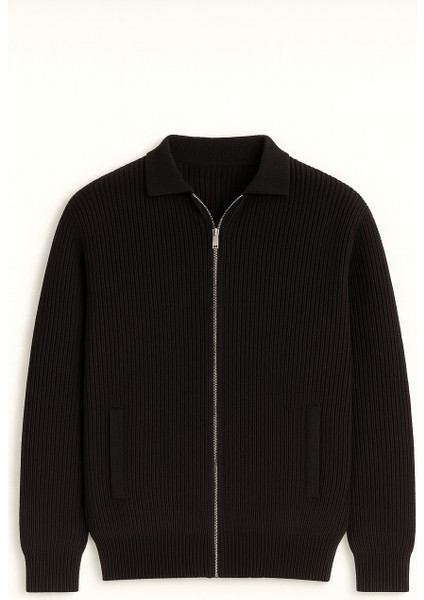 Coppola Selanik Örgü Polo Yaka Cepli Fermuarlı Rahat Kalıp Erkek Triko Hırka - Siyah