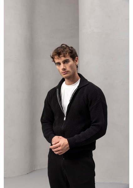 Coppola Selanik Örgü Polo Yaka Cepli Fermuarlı Rahat Kalıp Erkek Triko Hırka - Siyah modelleri