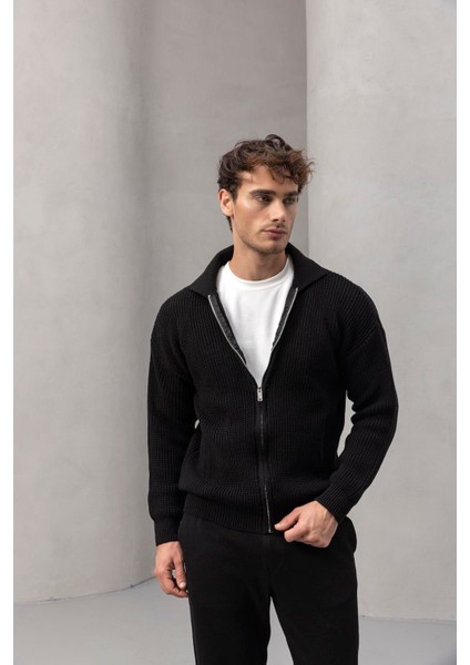 Coppola Selanik Örgü Polo Yaka Cepli Fermuarlı Rahat Kalıp Erkek Triko Hırka - Siyah fırsatları