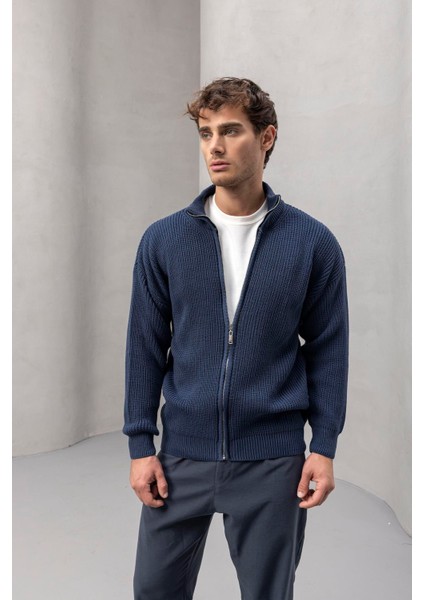 Oversize Selanik Örme Fermuarlı Erkek Hırka- Indigo fiyatları