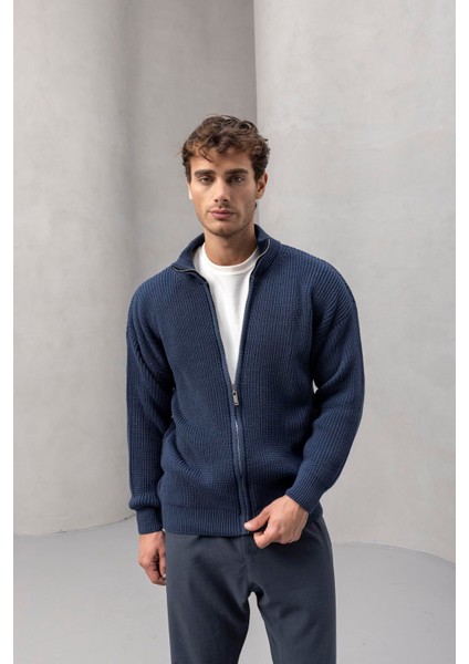 Oversize Selanik Örme Fermuarlı Erkek Hırka- Indigo modelleri