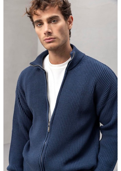 Oversize Selanik Örme Fermuarlı Erkek Hırka- Indigo fırsatları